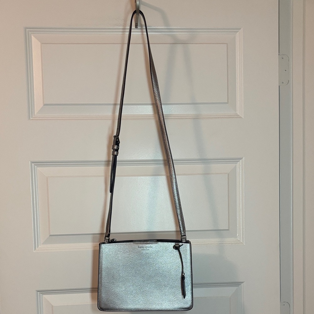 Kate Spade Eva Metallic Silver Crossbody bag pebbled leather medium jewel tone - Picture 2 of 16